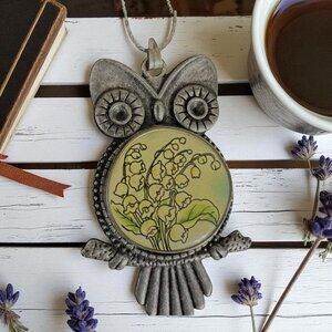 Vintage Owl Pendant Necklace 17" With Lily Of The Valley Art Nouveau Steam Punk